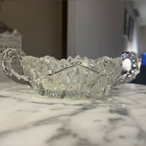 EAPG Imperial Glass Double Handle Diamond and Fans Berry Bowl OMN 1912